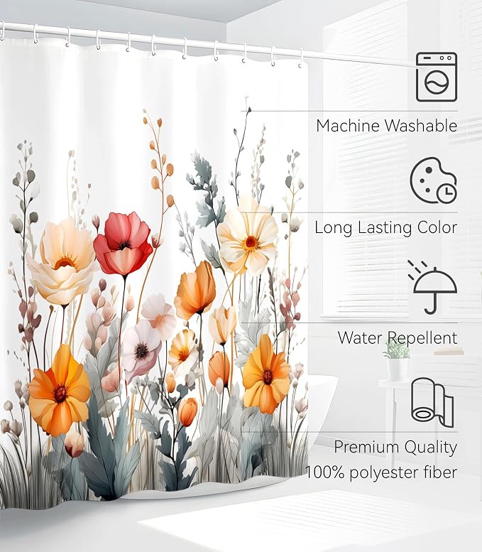 Shower Curtain for Bathroom Stall Modern Cute Aesthetic Washable Decorative Girly Waterproof Unique Wildflower Elegant Girls Chic Print Design Teen Women Cortinas de Baño Bathtub 72 x72 Inch