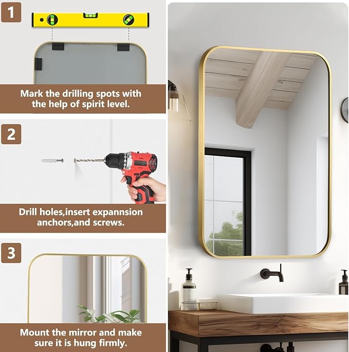 Brushed Gold Mirror, 48"x30" Rectangle Bathroom Mirror, Metal Frame Rectangle Corner Vanity Mirror, Wall Mounted Mirror for Modern, Living Room, Bedroom, Horizontal Or Vertical