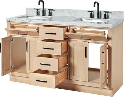 ARIEL Hepburn 60-inch Bathroom Vanity with Sink,Solid Wood, 1.5-inch Italian Carrara Marble Countertop, Double Rectangular Porcelain Sink, 4 Soft Closing Doors, 6 Dovetail Drawers, White Oak