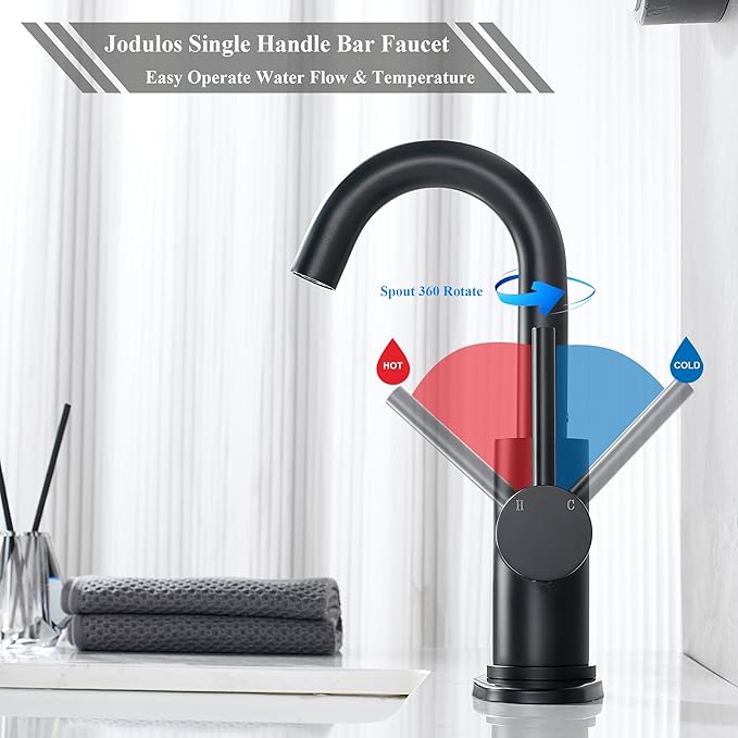 Black Bar Faucet Single Hole, Jodulos Black Matte Bar Sink Faucet with Deck Plate and Supply Lines, Stainless Steel Single Handle Wet Bar Sink Faucet, Matte Black Bathroom Faucet JU1100-BK