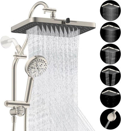Hibbent cUPC Certified High Pressue 13'' Rainfall Shower Head with 5-Spray | Shower Heads with Handheld 10-Spray Combo, All Metal Easy Reach 4-way Diverter Arm, 71'' Hose & Holder, Brushed Nickel