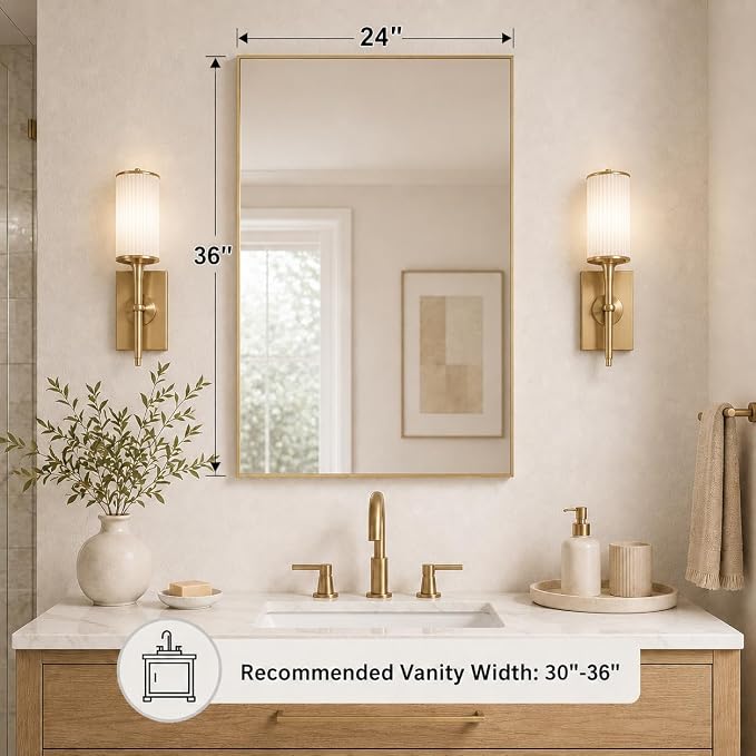 24x36 Satin Gold Framed Rectangle Bathroom Vanity Wall Mirror | Over-Sink Vanity Mirror, Slim Metal Frame, Entryway or Dresser Use, Vertical/Horizontal Mount, Tempered Glass