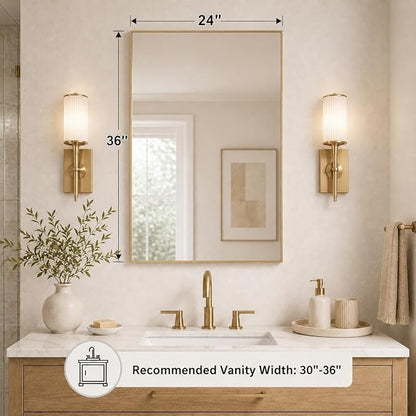 24x36 Satin Gold Framed Rectangle Bathroom Vanity Wall Mirror | Over-Sink Vanity Mirror, Slim Metal Frame, Entryway or Dresser Use, Vertical/Horizontal Mount, Tempered Glass
