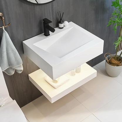 24"x19" Wall Mount Bathroom Vanity with LED Smart Sensor Light, Stone Resin Floating Vanity Sink Rectangular Vessel White Trough Art Basin with Shelf Layer