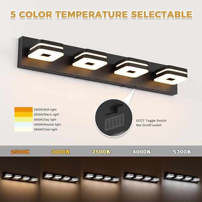 Matte Black Bathroom Vanity Light, 4-Light Modern Wall Sconce with 5CCT Dimmable LED, Farmhouse Light Fixture Over Mirror for Bathroom, Black and Gold Vanity Lights