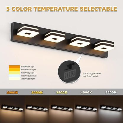 Matte Black Bathroom Vanity Light, 4-Light Modern Wall Sconce with 5CCT Dimmable LED, Farmhouse Light Fixture Over Mirror for Bathroom, Black and Gold Vanity Lights