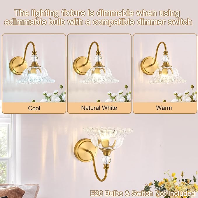 Brushed Gold Bathroom Vanity Light Single-Head Wall Sconce with Floral Crystal Glass Shade Vintage Bathroom Light Fixtures for Bedroom,Hallway & Bedside(Exclude E26 Bulb)