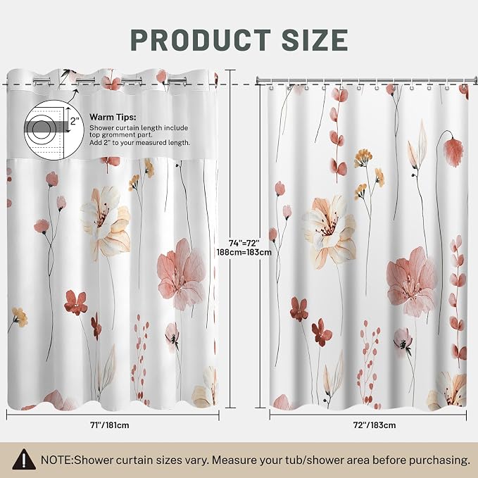 No Hook Floral Shower Curtain with Liner, Coral, 71x74 | Snap in Liner, 3 in 1, Water Repellent, Easy Install, Machine Washable, Hotel Style for Bathroom, Watercolor Pattern