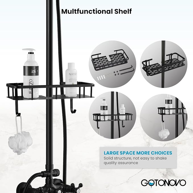 gotonovo Exposed Shower System with Spout,Matte Black,Shower Shelf | Brass Shower Faucet Set,8’’ Rain Head with Handheld Spray,Swivel Tub Spout,2 Cross Handle,6’’ Hole Distance,Adjustable Height