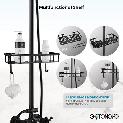 gotonovo Exposed Shower System with Spout,Matte Black,Shower Shelf | Brass Shower Faucet Set,8’’ Rain Head with Handheld Spray,Swivel Tub Spout,2 Cross Handle,6’’ Hole Distance,Adjustable Height