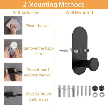 TocTen 5 Pieces Wall Mounted or Self Adhesive Towel Bar Set, Stainless Steel Bathroom Hardware Set Include 16″ Towel Rack, Toilet Paper Holder, 3 Towel Hook, Sticky Bathroom Accessory Kit (Black)