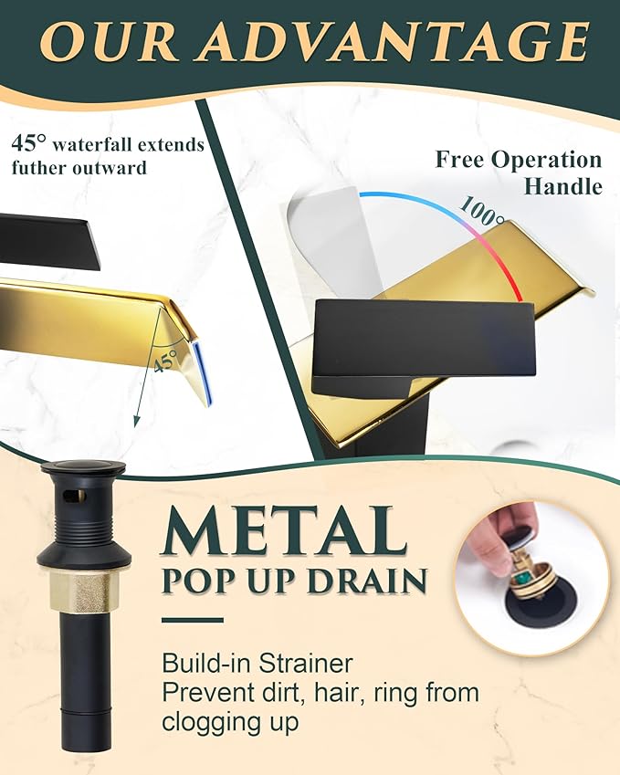 Black & Gold Waterfall Bathroom Sink Faucet – Single Hole 304 Stainless Steel Faucet with Metal Pop-Up Drain, Low-Profile Design for Modern Vanities