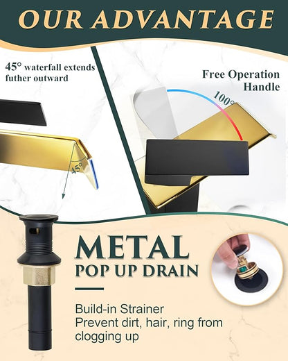 Black & Gold Waterfall Bathroom Sink Faucet – Single Hole 304 Stainless Steel Faucet with Metal Pop-Up Drain, Low-Profile Design for Modern Vanities