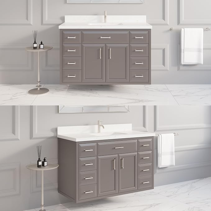 Capri III 48" Single Sink Bathroom Vanity With Stealth Organizer, Solid Wood Bathroom Cabinet with Engineered Stone Countertop & Backspalsh, Soft Closing Door & Drawer, Pre-Assembled, Mink