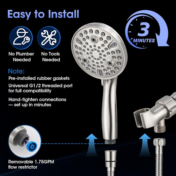 Shower Head with Handheld, High Pressure 10 Spray Modes, Brushed Nickel | Built-in Pause Function, Power Wash Mode, Anti-Clog Nozzles, 71 Inch Stainless Steel Hose, Adjustable Overhead Bracket