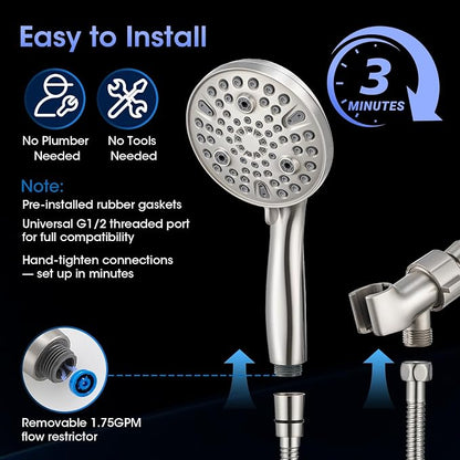 Shower Head with Handheld, High Pressure 10 Spray Modes, Brushed Nickel | Built-in Pause Function, Power Wash Mode, Anti-Clog Nozzles, 71 Inch Stainless Steel Hose, Adjustable Overhead Bracket