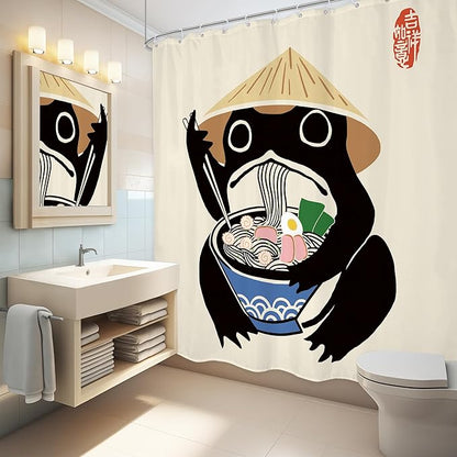 LGhtyro Extra Long Funny Frog Shower Curtain Bathroom Set 71Wx84H Inches Retro Cute Animal Asian Traditional Noodles Strawhat Vintage Bath Accessories Japanese Art Home Decor Fabric 12 Pack Hooks