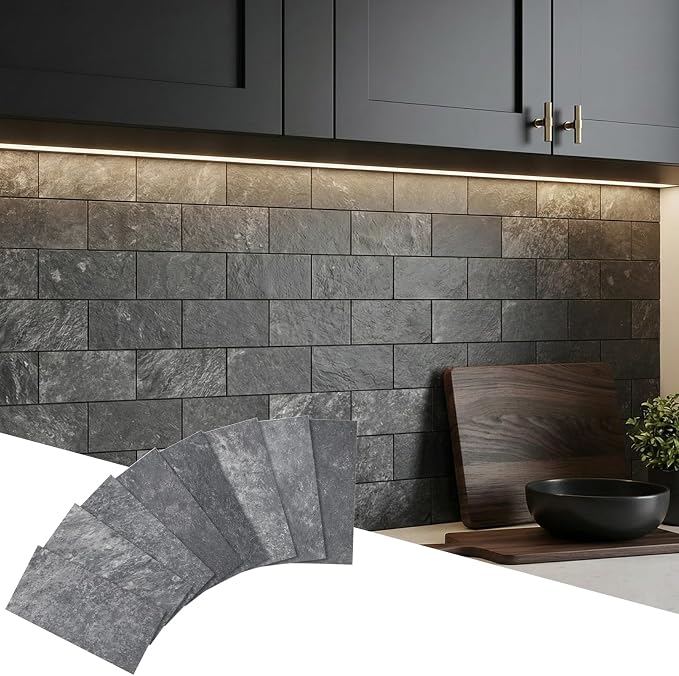 Yipscazo 2025 New Upgrade Peel and Stick backsplash 3 x 6 Inches 3D PVC Composite Wall Tile Stick on Backsplash Tile for Kitchen Bathroom, Laundry Room, Fireplace(Stone Black Rocks, 160 Pieces)