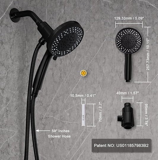 Black Filter Magnetic Shower Head with Handheld | High Pressure 9 setting Handheld Shower Head,Magnetic Bracket,59 Inches Stainless Steel Shower Hose,Filter Element