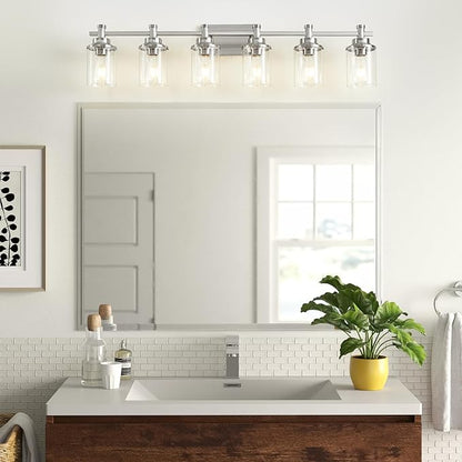 6-Light Bathroom Vanity Light, Brushed Nickel Bathroom Lights Fixtures Over Mirror, Vanity Lights Wall Mount with Clear Glass Shade, Modern Wall Sconce for Bathroom