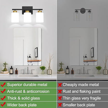 Black and Gold Bathroom Vanity Light Fixtures, 3-Light Modern Bathroom Wall Light with Frosted White Glass Shades, Vanity Light Over Mirror, E26 Base, Bathroom Lighting for Mirror (Bulbs Not Included)