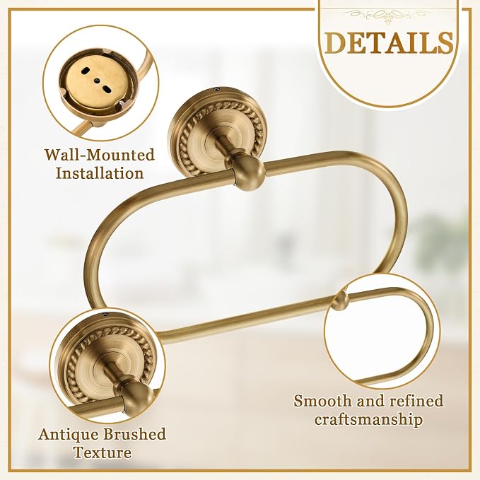4 Pcs Antique Brass Gold Bathroom Accessories Set Wall-Mounted Towel Rack & Towel Ring & Toilet Paper Holder & Robe Hook, Wall Mounted Brass Vintage Bath Hardware Fixture Set(Style 1)