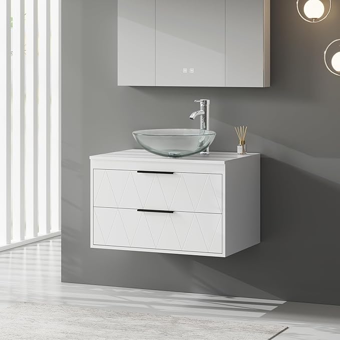eclife 30" Floating Bathroom Vanities with Sink Combo, Wall Mounted Modern Cabinet W/Diamond Line Pattern Design, Clear Round Glass Vessel Sink W/Water Save Faucet & Pop Up Drain, White
