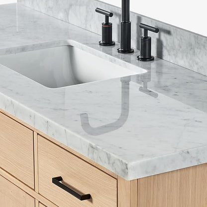ARIEL Hepburn 60-inch Bathroom Vanity with Sink,Solid Wood, 1.5-inch Italian Carrara Marble Countertop, Single Rectangular Porcelain Sink, 2 Soft Closing Doors, 9 Dovetail Drawers, White Oak
