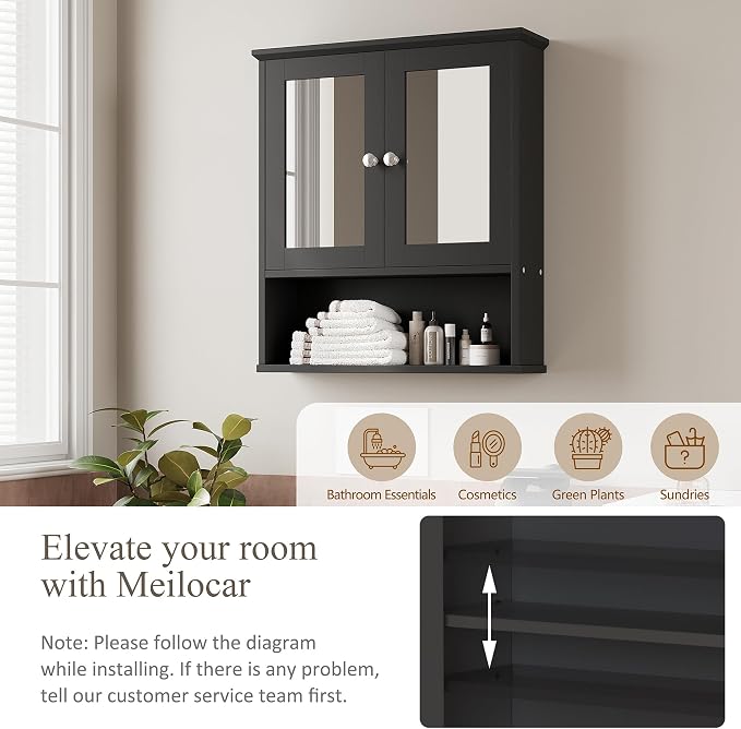 Bathroom Wall Cabinet with Mirror, Bathroom Mirror Cabinet Wall Mounted, Over Toilet Medicine Cabinets with Adjustable Shelf, Large Capacity, Black