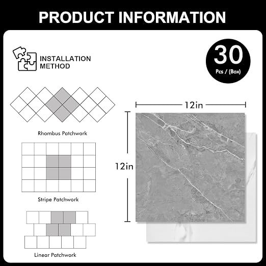 30-Pack 12"x12" Marble Peel and Stick Floor Tiles Waterproof Self Adhesive Vinyl DIY Flooring for Bedroom, Bathroom, Kitchen, RV, Cover 30 Sq. Ft, White & Grey Marble
