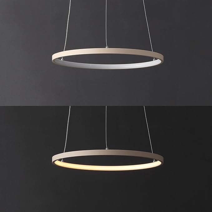 JONATHAN Y 15.75" Beige Modern Integrated LED Pendant Light, Dimmable Round Hoop Chandelier for Kitchen Island, Dining Room, Adjustable Height Metal Hanging Light (JYL7202H)