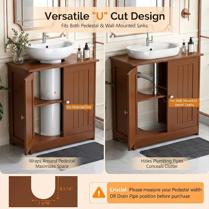 Bonnlo Pedestal Sink Storage Cabinet, 24" Espresso Under Sink Bathroom Storage Cabinet with 2 Doors and Adjustable Shelf, Traditional Bathroom Space Saver Organizer for Small Spaces, Water-Resistant