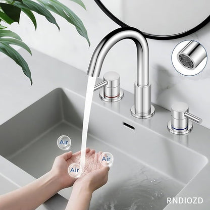 Chrome 8 Inch Widespread Bathroom Faucet 3 Hole with Pop-up Drain | 2 Handle, 8 Inch 3 Hole Sink, 360° Swivel Spout, RV Vanity, Quick Connect, Supply Hoses, NSF372 NSF61 cUPC