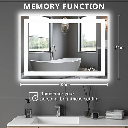 DUMOS 24.1"x32.1" LED Bathroom Mirror, Smart Anti-Fog Bathroom Vanity Mirror with Front Light & Backlit, 3 Color Temperatures, Dimmable, Memory Function