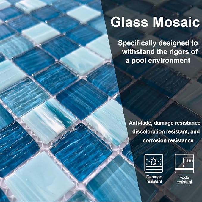 LSDECO 5 Sheets Glass Mosaic Tiles Backsplash, Pool Tiles, 12" x 12" Kitchen Backsplash Tile, Glass Tiles for Bathroom Border Shower Wall (5 Sq.Ft Azure)