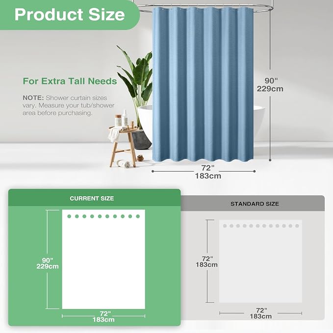 Extra Long Waffle Shower Curtain 256 GSM 72"x90" Moonlight Blue | 90 Inch Tall, Thick Cloth, Weighted Hem, Water Repellent, Hotel Luxury Polyester Shower Curtain Set for Bathroom 12 Hooks
