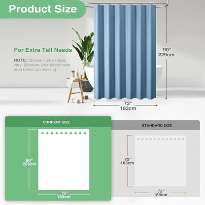 Extra Long Waffle Shower Curtain 256 GSM 72"x90" Moonlight Blue | 90 Inch Tall, Thick Cloth, Weighted Hem, Water Repellent, Hotel Luxury Polyester Shower Curtain Set for Bathroom 12 Hooks