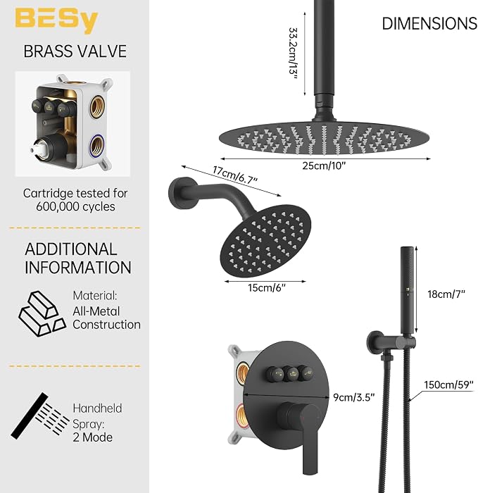BESy Shower Faucet Fixtures Set for Bathroom, 10 & 6 In Round Dual Rain Shower Head, Ceiling & Wall Mounted Rainfall Shower System, Push Button Diverter Shower Valve with 2 in 1 Handheld, Matte Black