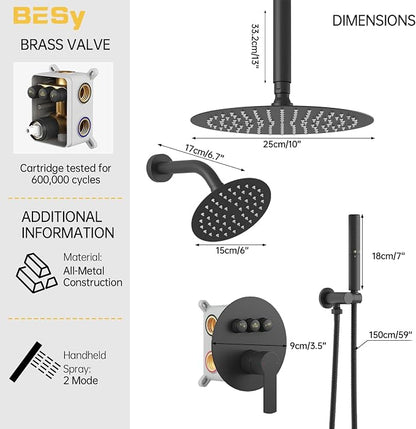 BESy Shower Faucet Fixtures Set for Bathroom, 10 & 6 In Round Dual Rain Shower Head, Ceiling & Wall Mounted Rainfall Shower System, Push Button Diverter Shower Valve with 2 in 1 Handheld, Matte Black