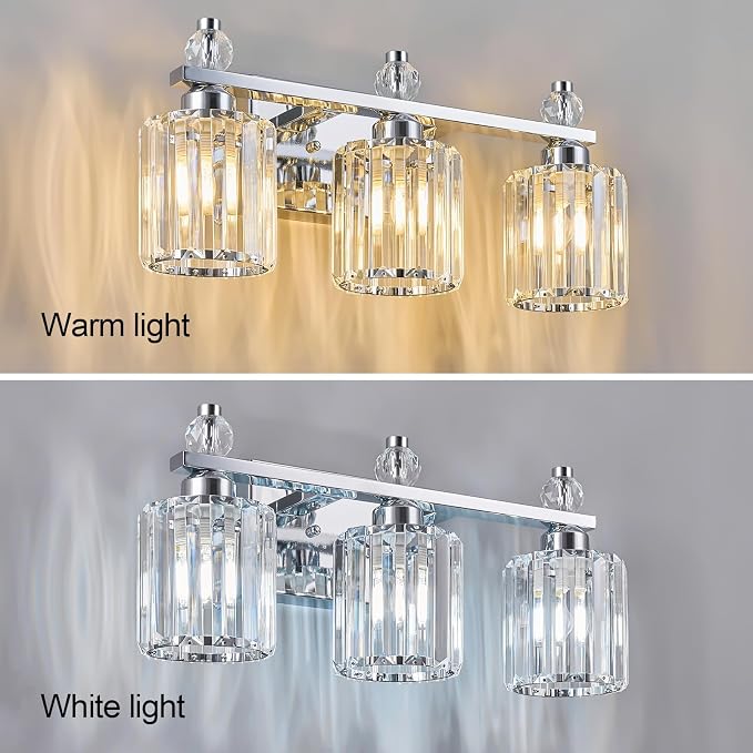 Bathroom Vanity Lights 3-Light Chrome Modern Crystal Vanity Light Fixtures Over Mirror Crystal Bathroom Vanity Lighting Fixtures