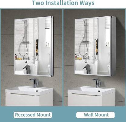 Movo 30 Inch x 24 Inch Bathroom Medicine Cabinet with Mirror, Aluminum Mirror Cabinet with Single Door, Surface Wall Mount or Recess Installation