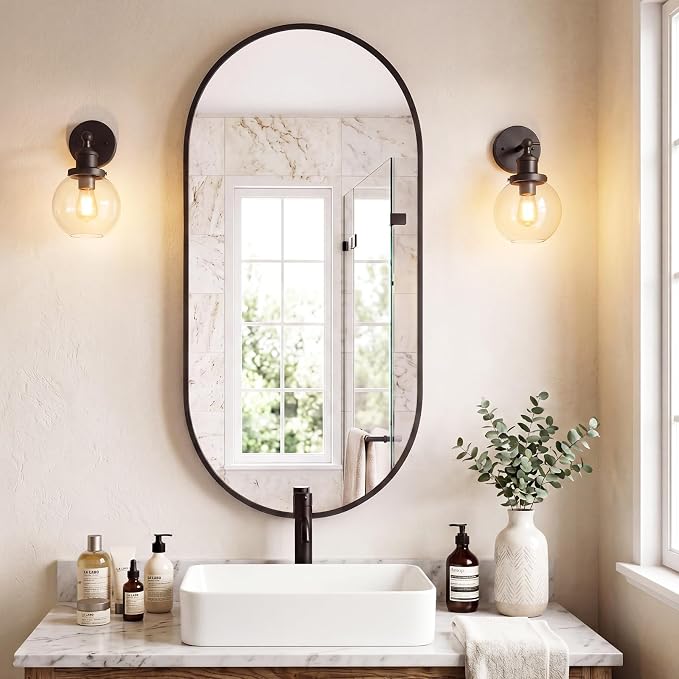 NEWBULIG Oval Bathroom Mirror, Vanity Mirror, 24x48 | Tempered Glass Metal Frame, Over Sink Entryway, Living Room Bedroom Hang, Horizontal or Vertical, Black