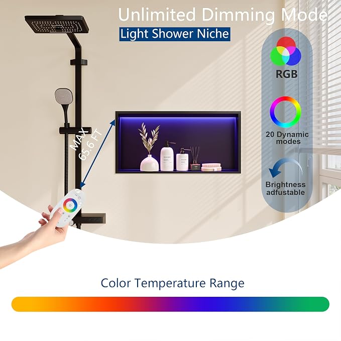 RGB LED Light Shower Niche, Matte Black 24X12 in Stainless Steel Recessed Storage with Remote Control, Waterproof No Tile Needed Wall Niche for Bathroom Storage Built-in Installation