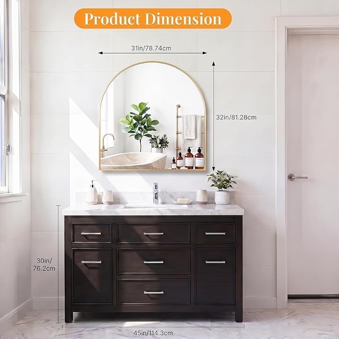 Sweetcrispy 31"x32" Arched Bathroom Mirror, Bathroom Mirrors for Over Sink | Modern Wall Mirrors Arch Decorative for Entryway, Bedroom, Vanity,Horizontal or Vertical Hanging, Gold