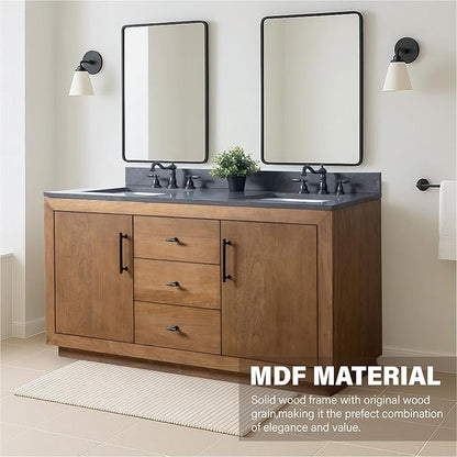 HOMEBEYOND 60" Bathroom Vanity with Double Sink & Ceramic Top, MDF Material Vanity Cabinet with Basin Combo, Soft-Closing Doors, Removable Shelf, Backsplash, Tan