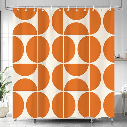 Orange Mid Century Modern Shower Curtain, Boho Abstract Geometric Retro Art Bath Curtains For Bathroom, Colorful Unique Pattern Waterproof Polyester Fabric Bathroom Accessories Set 12 Hooks 60X72IN