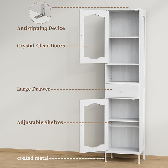 66.4" Tall Bathroom Storage Cabinet with Adjustable Shelves and Glass Doors, Anti-Tipping Narrow Cabinet, Linen Cabinet for Bathroom, Kitchen, Living Room, Cloud White