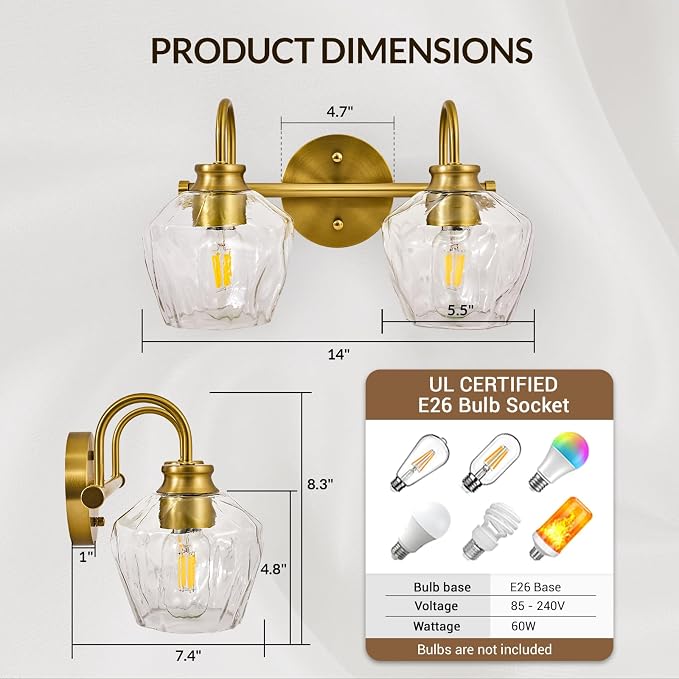Brushed Gold Vanity Light, 2 Light Bathroom Light Fixtures with Clear Diamond-Shape Hammered Glass, Brass Vintage Ripple Wall Lights for Hallway, Bedroom, Anti-Rust, E26 Base (No Bulbs)