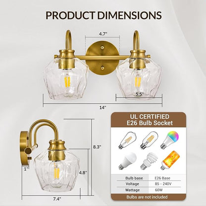 Brushed Gold Vanity Light, 2 Light Bathroom Light Fixtures with Clear Diamond-Shape Hammered Glass, Brass Vintage Ripple Wall Lights for Hallway, Bedroom, Anti-Rust, E26 Base (No Bulbs)