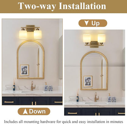 Milk Glass Vanity Lights for Bathroom, 2 Light Brass Bathroom Light Fixtures Over Mirror, Ceramic E26 Sockets Wall Mounted
